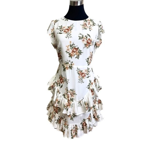 Women's White Floral Ruffle Mini Dress with Open Back Detail, Bridal Size M - Picture 1 of 16